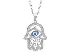 Ladies Stainless Steel Hamsa/Evil Eye Pendant with Simulated Diamonds
