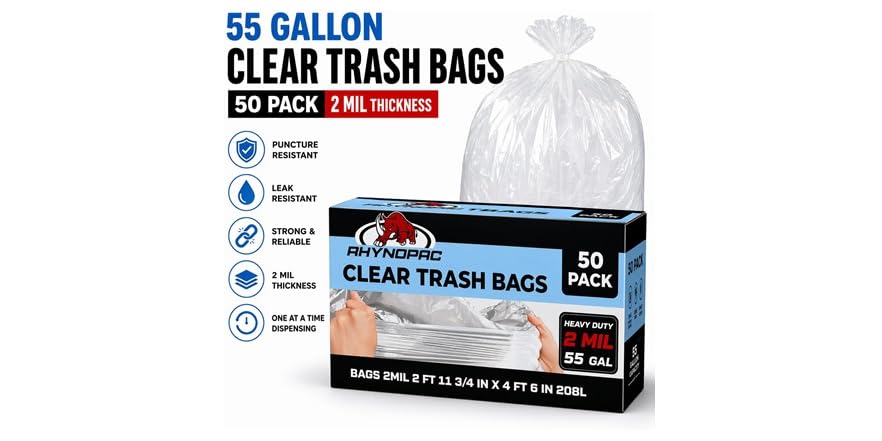 55 Gallon 2 Mil Clear Trash Bags