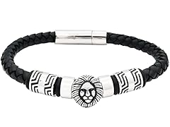 Genuine Black Leather Lion Bracelet