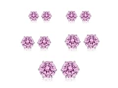 Set of 5 Pink CZ Stud Earrings in White Gold