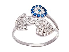 18K White Gold White & Blue CZ Hamsa Heart & Evil Eye Ring