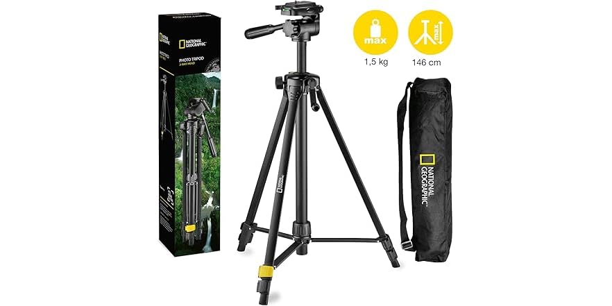 NATIONAL GEOGRAPHIC Aluminum Tripod Kit With 3-Way Head, Quick Release, Geared Center Column – Holds 3kg, Includes Carry Bag – For DSLR & Mirrorless Cameras