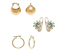 Gold Green & Clear Crystal Set of 3 Flower Drop & Hoop Earrings