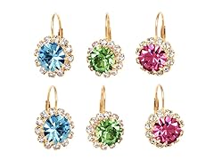 Aqua, Green, & Pink Crystal Flower Set of 3 Huggie Earrings