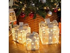 Set of 3 Christmas Lighted Gift Boxes Silver Bow