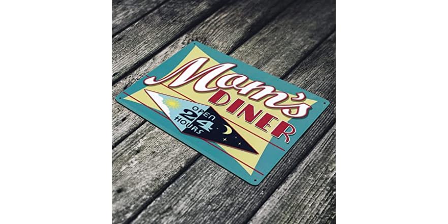 Targa In Latta Retrò Moms Diner Open 24 Hours - Cartello 20x30 Cm Per Cucina, Ristorante O Garage - Decorazione Vintage