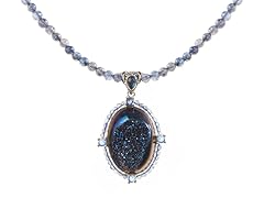 SS Steely Blue Drusy Quartz, Iolite Beads Pendant