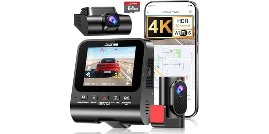 Jzones 4K Dash Cam Front and Rear, HDR Night Vision Dash Camera w/ 64GB Card .99