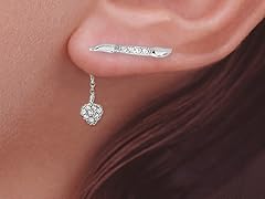 Silver CZ Ear Pin Earrings Heart Dangle
