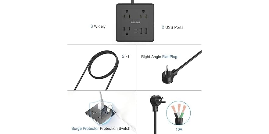 TESSAN Recessed Power Strip – 3 Outlets & 2 USB Ports for Desk Use - Image 5