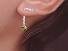 Silver Ear Pin Earrings TigerEye Dangle