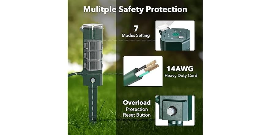 Outdoor Power Strip Timer With Photocell, Yard Stake Timer...