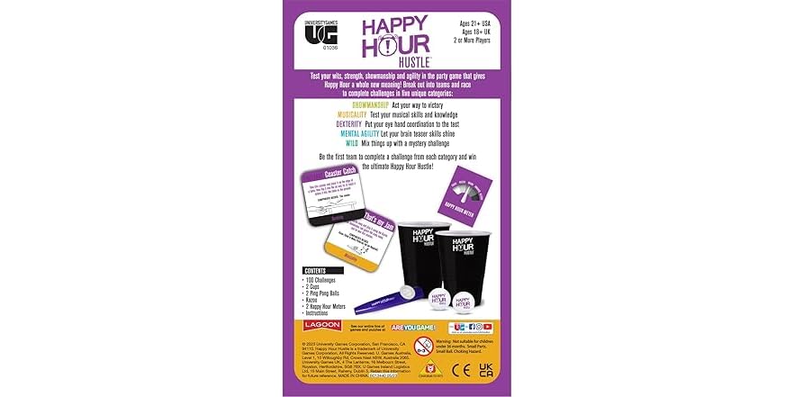 University Games Happy Hour Hustle - Gioco Di Sfide A Squadre Per Feste Con 5 Categorie - Da 4 Giocatori