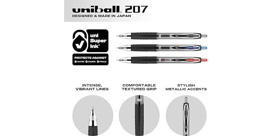 Uniball Signo 207 - Gel Pen With 0.5mm Micro Point - 12 Count Includes 6 Black e