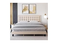 GAOMON Queen Linen Bed Frame, Off White