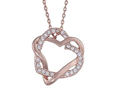 Rose Gold Double Heart Necklace with Simulated Diamond Trim