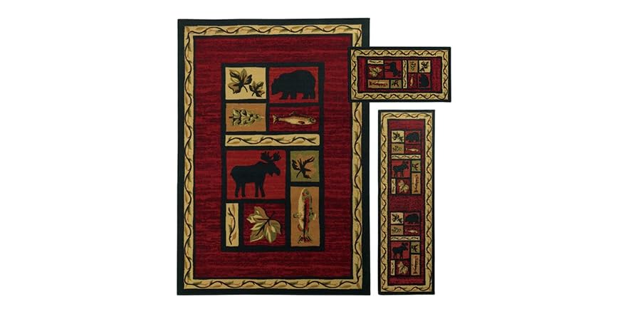 3 PC Nylon Area Rug Set Red/Black
