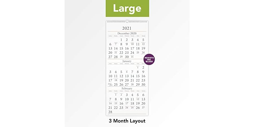 AT A GLANCE 2021 Wall 3 Month Calendar