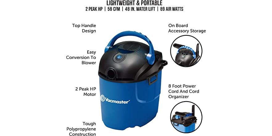 Vacmaster 2 Vacmaster 2.5 Gallon 2 Peak HP Portable Wet/Dry Shop Vacuum