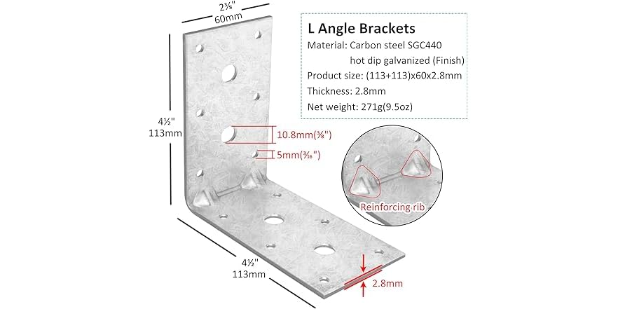6Pc 4½ inch Steel L Right Angle Bracket