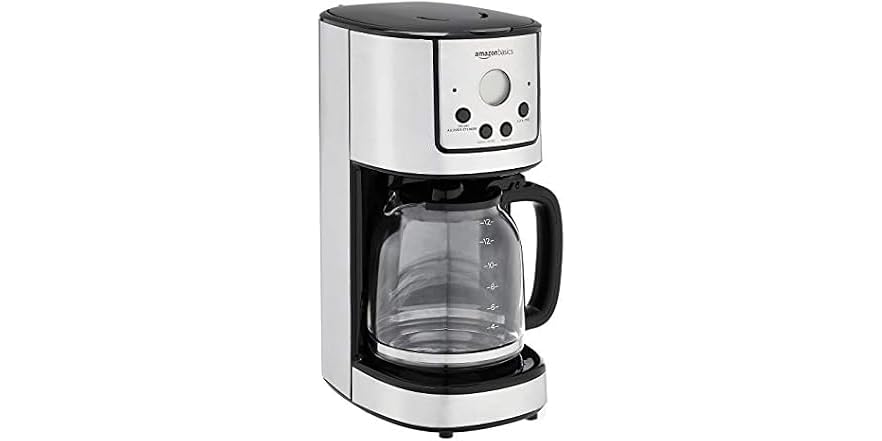$19 FS PRIME WOOT Amazon Basics Programmable Coffeemaker with Carafe and Reusable Filter, Stainless Steel, 12 Cups, Black