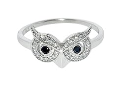Sterling Silver Pave Owl With Black CZ Eyes Ring