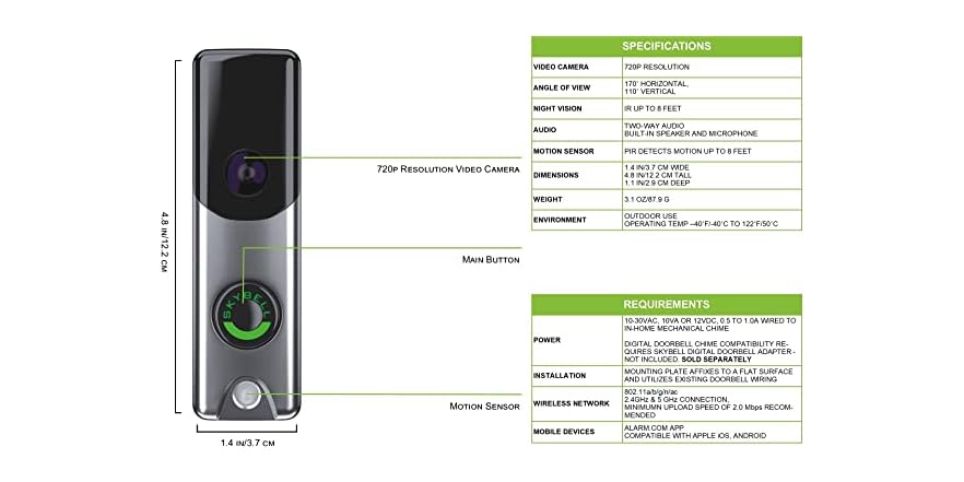 Skybell Slim Line II Silver Wi-fi Video Doorbell Camera