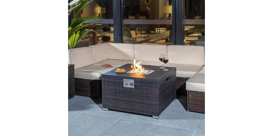 Brown Wicker Gas Fire Table + Glass Rocks