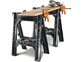 NTM Foldable Sawhorses with Removable Clamps, Storage Shelf, and Cord Wrap