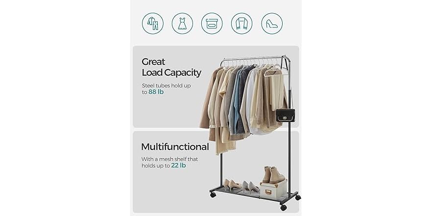 SONGMICS Clothes Rack with Wheels, Black + Chrome