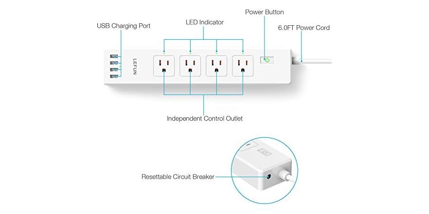 Lefun Wi-Fi Smart Power Strip - 4 Outlets, 4 USB