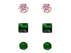 Green & Pink Crystal Princess-cut & Round Set of 3 Stud Earrings