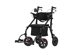 ELENKER All Terrain Rollator Walker Transport Wheelchair Combo, 2 in 1 Rolling Walker with Padded Seat and Wide Backrest, Black (Open Box)