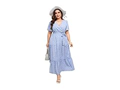 KOJOOIN Womens Wrap Maxi Dress Blue Dot (2XL)