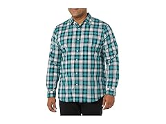 Mens SlimFit Stretch Poplin Teal Plaid (L)