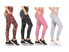 (4-Pack) Women's Active Leggings with Side Pockets