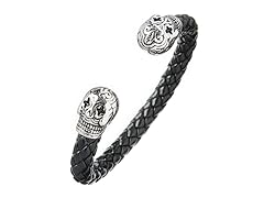 Black Braided Leather Skull Cuff