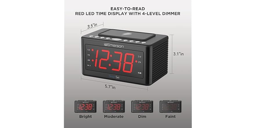 Emerson Smartset Wireless Charging Alarm Clock Radio
