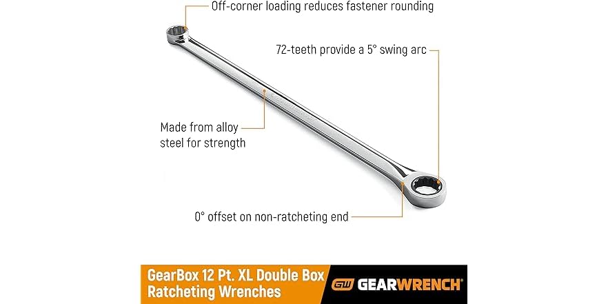 GEARWRENCH Gearbox XL 12-Point Double Box Ratcheting Wrench – 15/16" Size, 5° Swing Arc, Off-Corner Loading, Long Pattern, Chrome Vanadium Steel