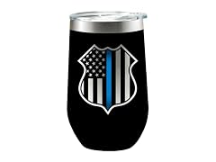 Spoontiques Police Etched Stainless Steel Tumbler - Insulated Wine Tumbler with Lid - Double Wall Stainless Steel Stemless Wine Glass - 16oz - 5 5/8" Tall