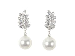S/S Silver Tone Drop Earrings with Cubic Zirconia and Pearl
