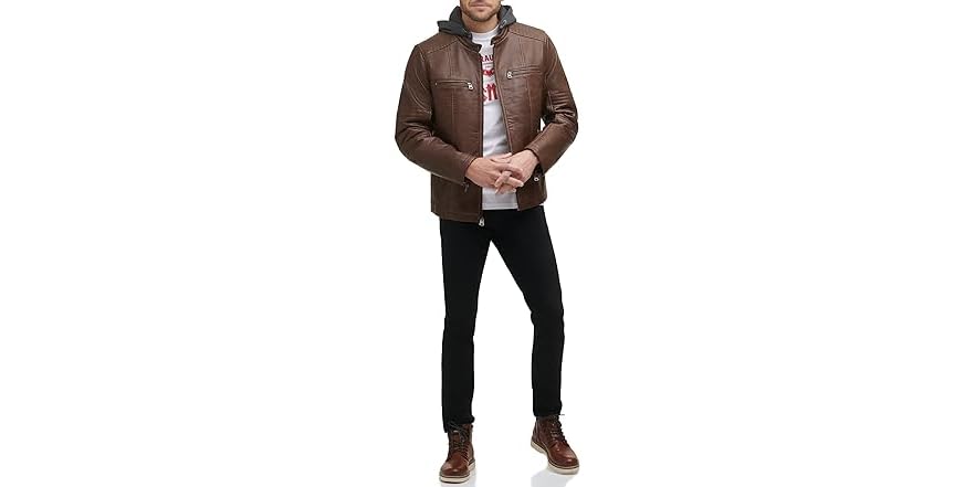 Levi's Men's Faux Leather Hooded Racer Jacket – Motorcycle Style With Quilted Lining & Multiple Zipper Pockets