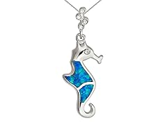 Sterling Silver Rhodium Created Opal Seahorse 18"