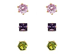 Green, Pink, & Purple Crystal Princess & Round Cut Set of 3 Stud Earrings