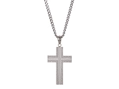 Blackjack Jewelry Brushed Stainless Steel CZ Border Cross Pendant With 24" Cuban Chain