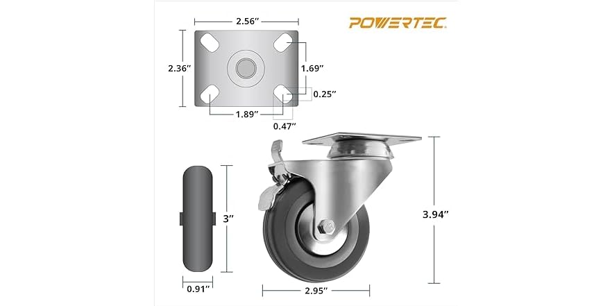 Powertec 3'' Swivel Caster Wheels With 640 Lbs Loads, Heavy Duty Plate - View #10