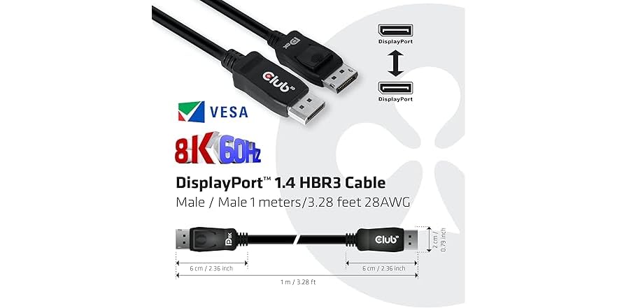 Club 3D DisplayPort 1.4 HBR3, Câble Noir, 5 mètres, 8K 60Hz