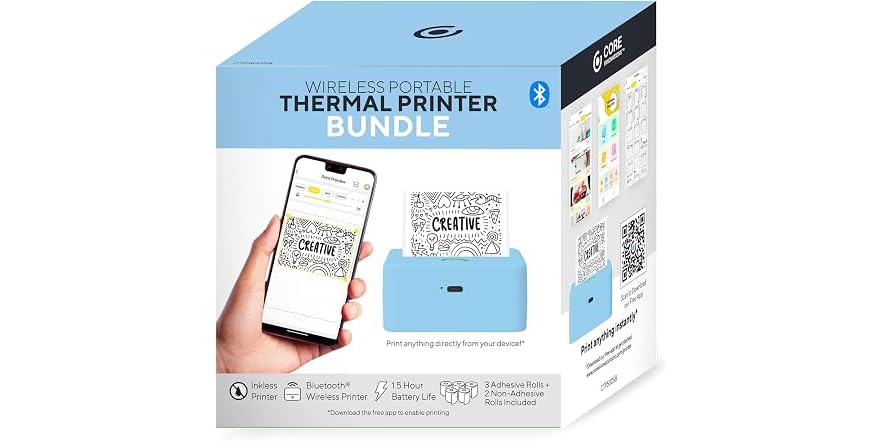 Core Innovations Mini Portable Thermal Printer with 5 Rolls, Inkless, Blue