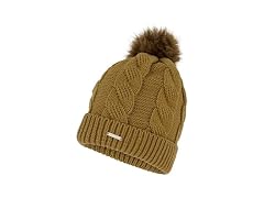 Spyder Women One Size Cable Knit Pom Pom Beanie Ribbed Cuff Taupe