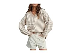 UNCLECAT Womens V Neck Striped Sweater